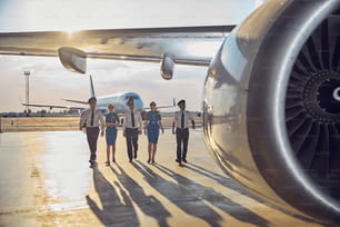 Ritratto a figura intera della squadra di volo che indossa l'uniforme da lavoro che cammina vicino all'aereo passeggeri all'aperto
