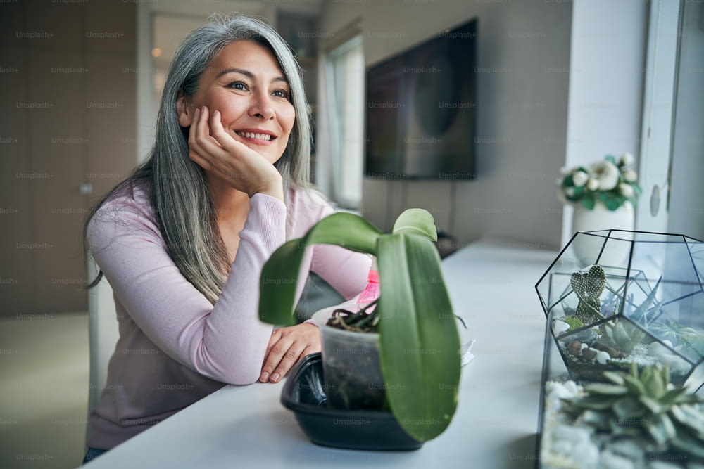 Charming lady looking away and smiling while placing hands on windowsill with geometric glass succulent terrariums