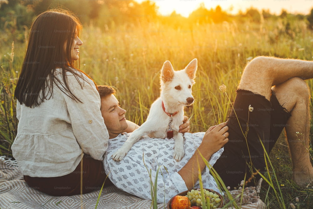 Elegante coppia felice che si rilassa sul picnic con il cane bianco sul plaid nella calda luce del tramonto nel prato estivo. Vacanze estive. Giovane famiglia che si gode la serata con il cucciolo del pastore svizzero