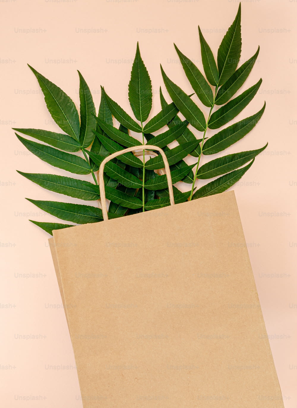 Basteln Sie Papiertüten-Mockup mit grünen Blättern auf rosa Hintergrund. Zero-Waste-Konzept