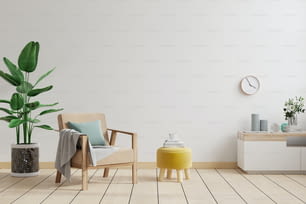 흰색 벽에 디자인 안락의자와 테이블이 있는 거실의 미니멀한 인테리어.3D 렌더링