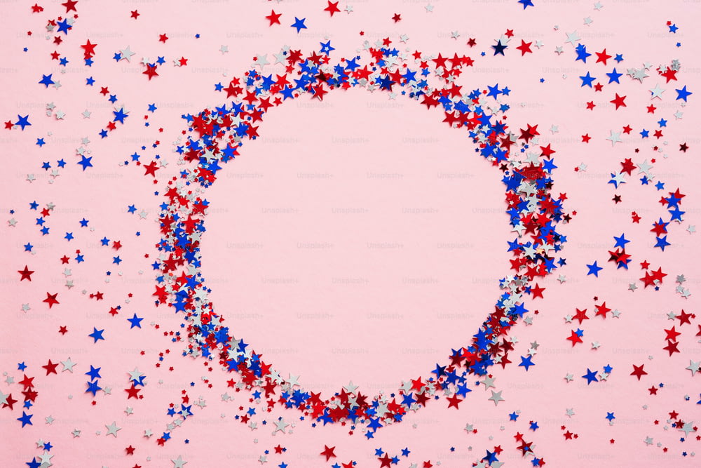 Happy Labor Day banner mockup with American flag color confetti circle on pink background. USA Independence Day, Memorial Day, US Veterans day concept.
