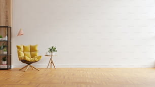 空の白い色の壁に黄色のアームチェアとモダンなミニマリストのインテリア.3dレンダリング