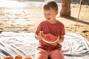 Happy little boy on the picnic beach smiling, eating watermelon, relaxing. Summer sunny day.