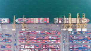 Aerial view container ship and container warehouse from sea port for delivery containers shipment.