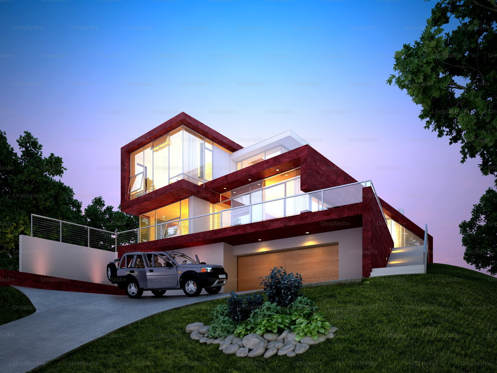 3d render of house exterior at sunset