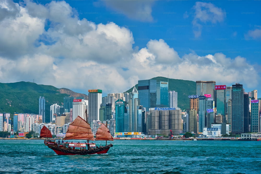 HONG KONG, CHINA - MAY 1, 2018: Hong Kong skyline cityscape downtown skyscrapers over Victoria Harbour in the evening with junk tourist ferry boat on sunset. Hong Kong, China