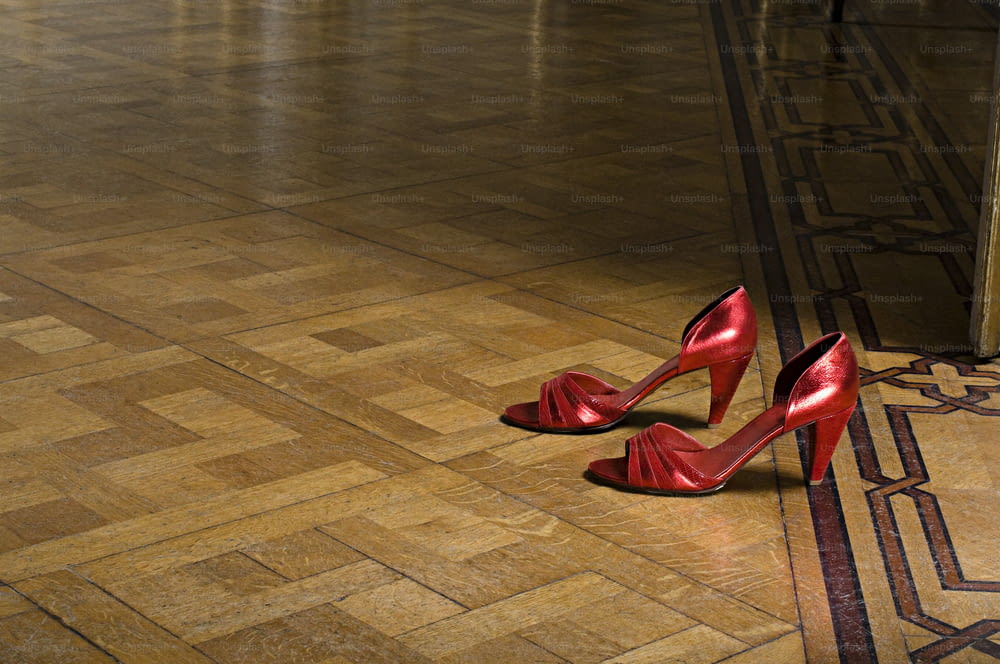 a pair of red high heeled shoes sitting on the floor
