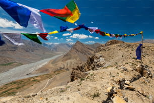 히말라야의 스피티 계곡에 있는 불교 기도 깃발, 히마찰프라데시, 인도