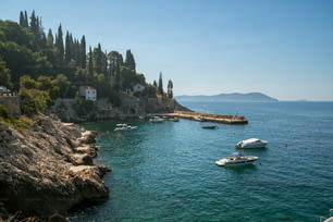 Côte adriatique avec port ensoleillé à Trsteno, Dalmatie, Croatie. Attraction touristique près de Dubrovnik.