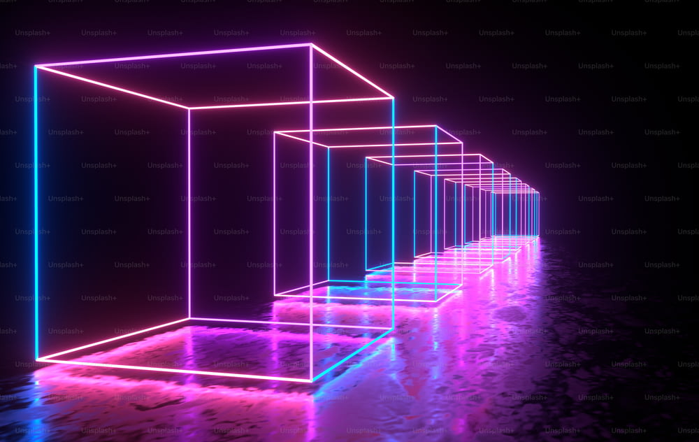 Salle en béton de science-fiction futuriste avec néon rougeoyant. Portail de réalité virtuelle, jeux vidéo informatiques, couleurs vives, source d’énergie laser. Néons dégradés bleus, violets, roses
