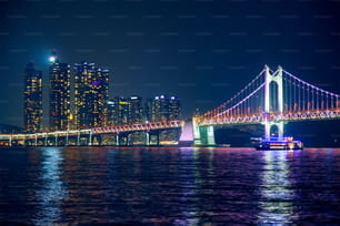 Gwangan Bridge and skyscrapers illuminated in the night. Busan, South Korea