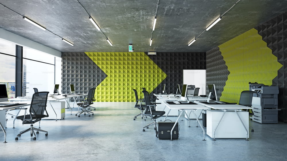 interior de escritório moderno, design de conceito de renderização 3D