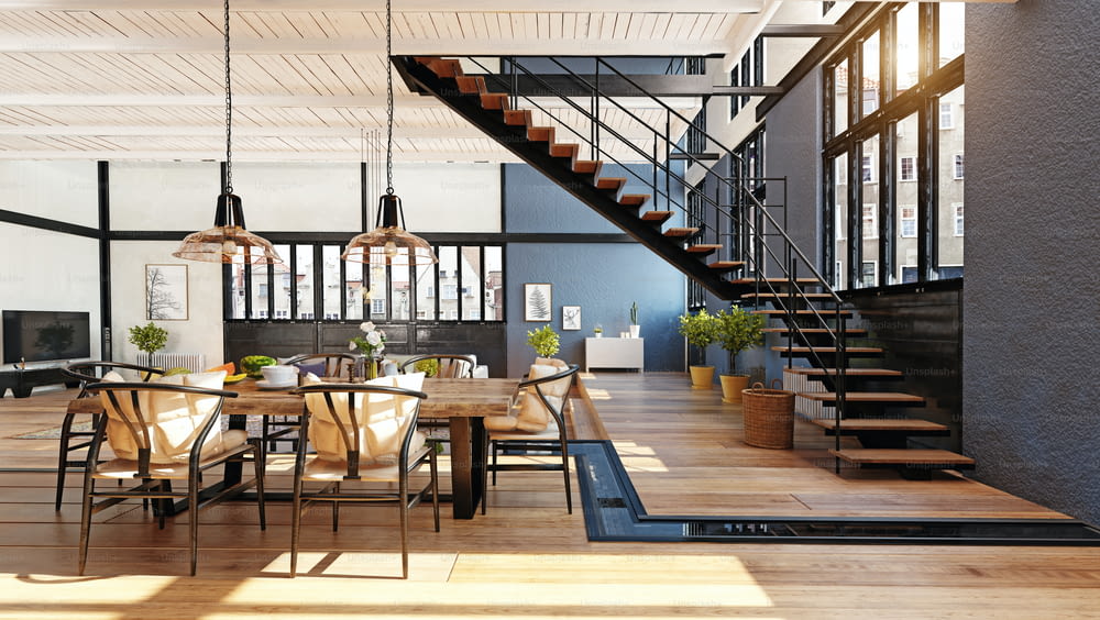 modern domestic dining room interior. 3d rendering design concept