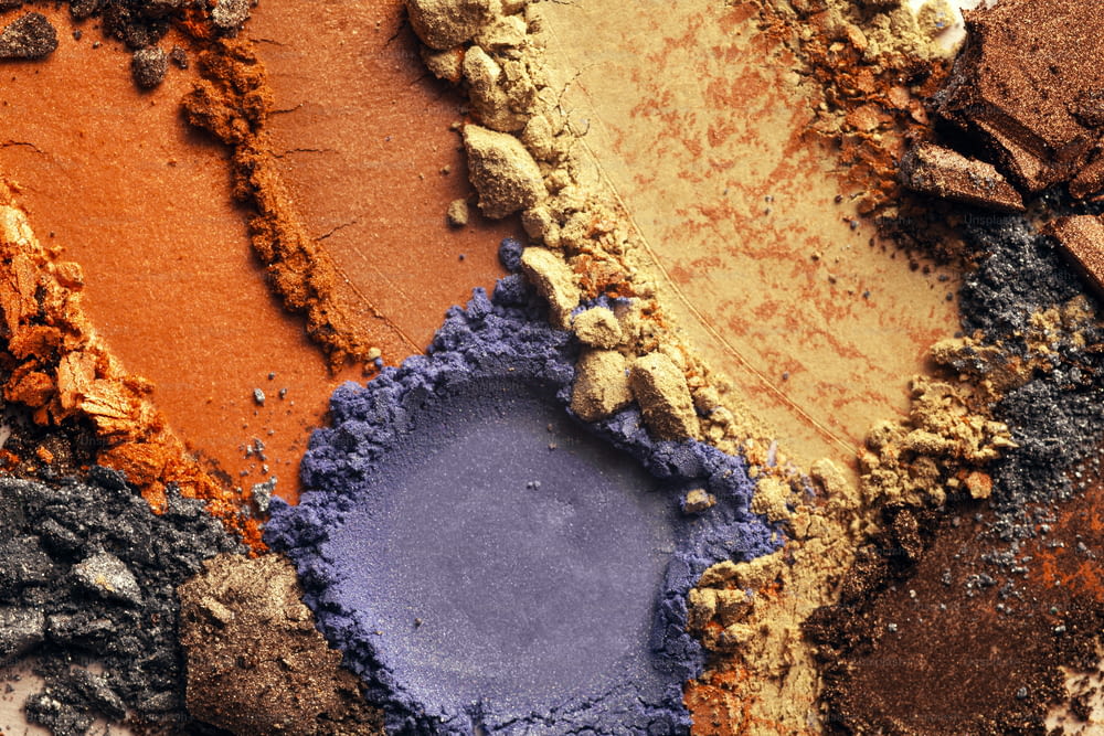 Smudged and crushed grey orange terracotta mustard yellow green grey blue purple pink shimmer textured eyeshadow on multi-coloured background