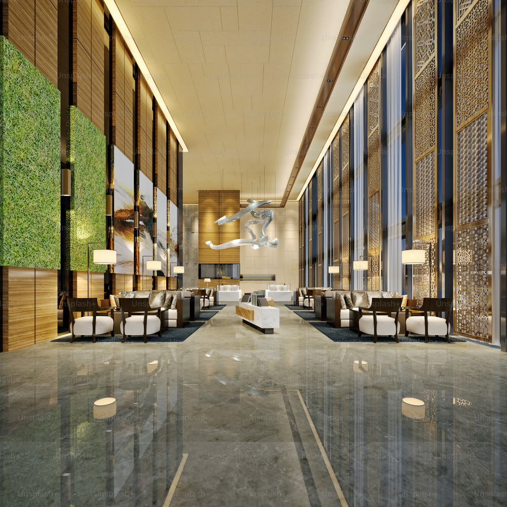 Renderização 3d do lobby e recepção do hotel de luxo