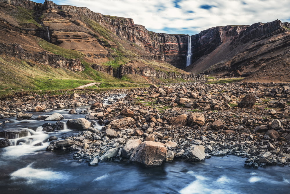 Beautiful Hengifoss Waterfall in Eastern Iceland. Nature travel landscape.