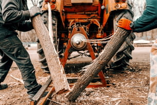 Trabajadores cortando troncos en paz con la máquina de corte al aire libre.