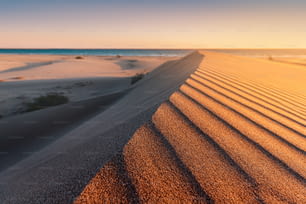 Patara beach is a famous tourist landmark and natural destination in Turkey. Majestic view of orange sand dunes and hills glows in the rays of the warm sunset.