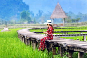 Junge Frau sitzt auf Holzweg mit grünem Reisfeld in Vang Vieng, Laos.