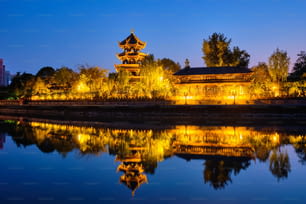 Wangjiang Pavilion (Wangjiang Tower) Park (Wangjianglou Park) view over Jinjiang River, Chengdu, Sichuan, China illuminated at night