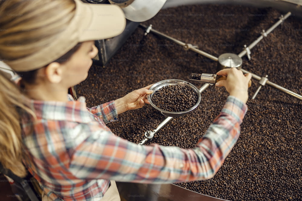 A coffee factory worker measuring level of coffee grain roasting.