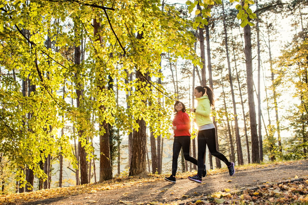 Two active female runners jogging outdoors in forest in autumn nature.