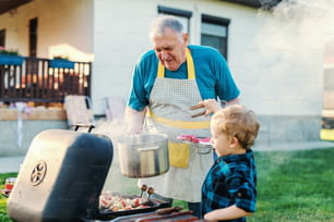 Grandfather holding pot while his grandson grilling meat and vegetables on the stick. Family gathering on the weekend concept.