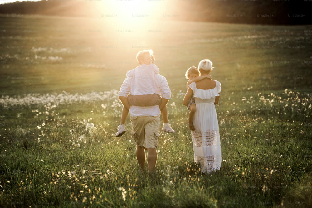 Une vue arrière d’une jeune famille avec de jeunes enfants marchant sur une prairie au coucher du soleil dans la nature estivale.