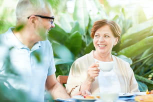 Glückliche gealterte Frau, die zum Frühstück trinkt und mit ihrem Mann im Hausgarten spricht