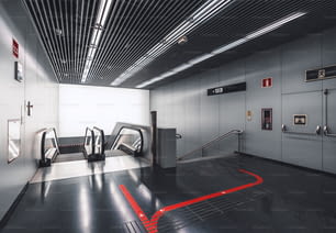 Scala mobile e scala contemporanea all'interno di un terminal aeroportuale di Barcellona El Part BCN, con una linea rossa con frecce sul pavimento, uscita di emergenza e soffitto insonorizzato