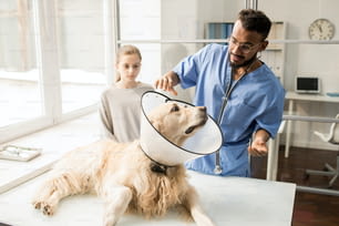 首に漏斗が付いた病気の犬がテーブルの上に横たわり、若いプロの獣医を見ている