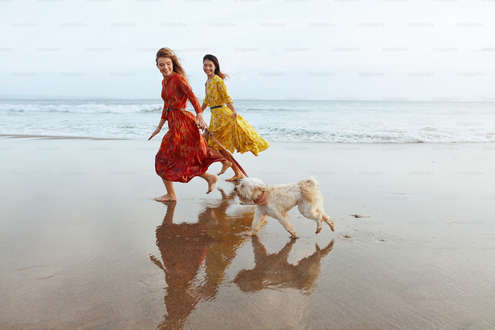 Mädchen mit Hund am Strand. Models in böhmischer Kleidung mit Haustier, das barfuß an der sandigen Küste läuft. Schöne Frauen in Maxikleidern genießen es, sich am Meeresufer auszuruhen. Boho-Stil für modischen Look im Resort.
