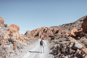 火山渓谷の未舗装の道路と絵のように美しい岩だらけの地形。道を歩く若い女性旅行者、裏側からの広い眺め