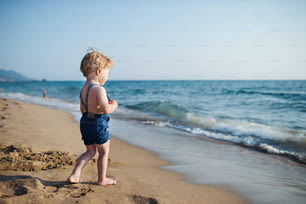 Un lindo niño pequeño con pantalones cortos caminando en la playa de arena en vacaciones de verano. Espacio de copia.