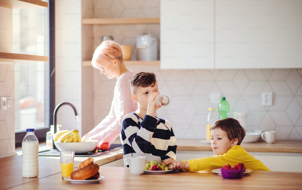 Eine junge Frau mit zwei glücklichen Kindern isst Obst in einer Küche.