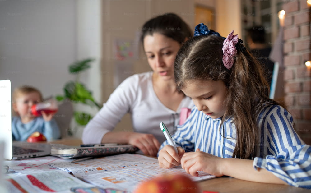 Portrait of mother with small daughter in kitchen, home schooling and distance learning concept.