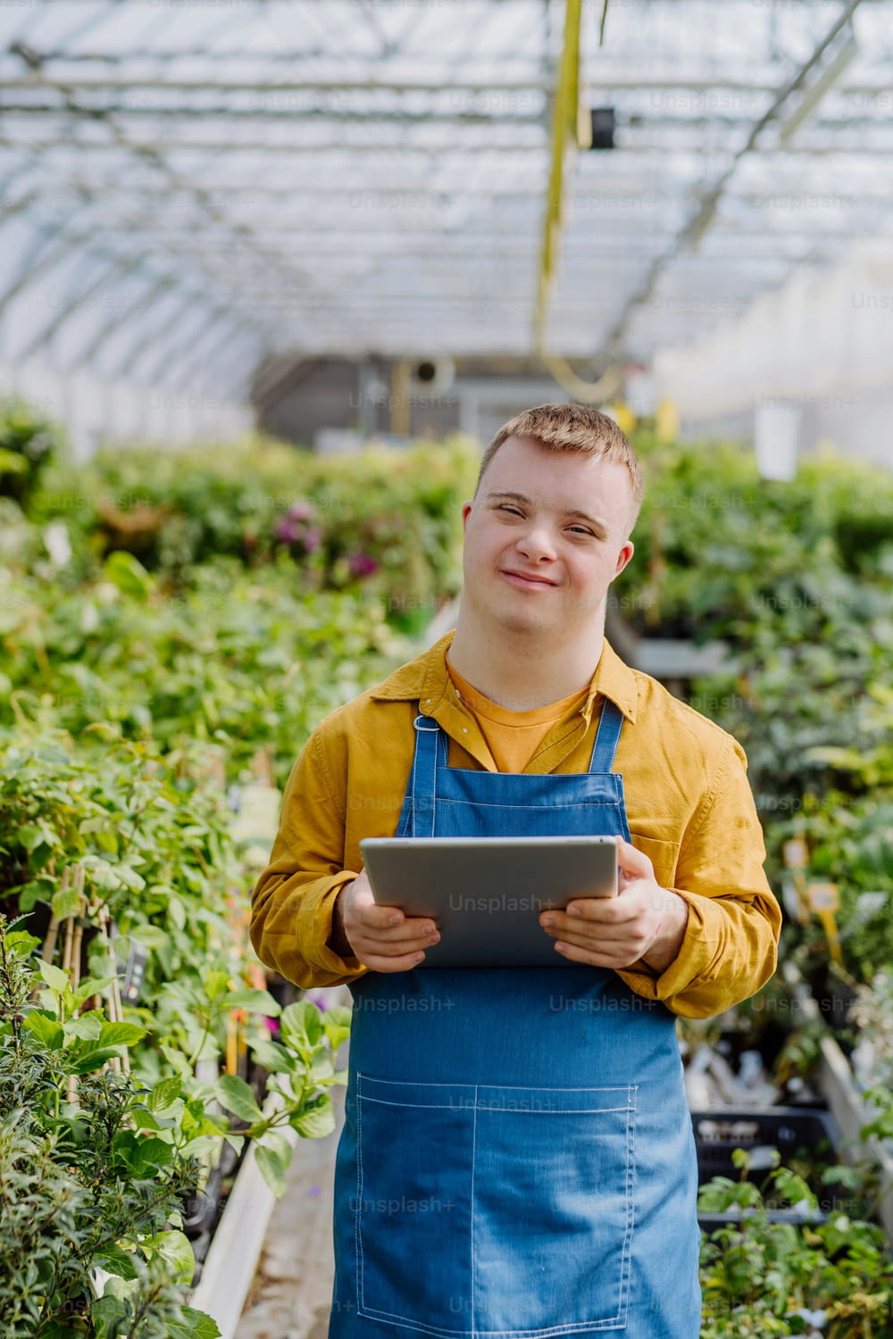 A young man with Down syndrome working in garden centre, holidng clipboard and checking plants.