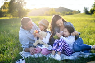 봄 자연 속에서 야외에 앉아 피크닉을 즐기는 두 명의 작은 딸과 함께 행복한 가족의 전면 보기.