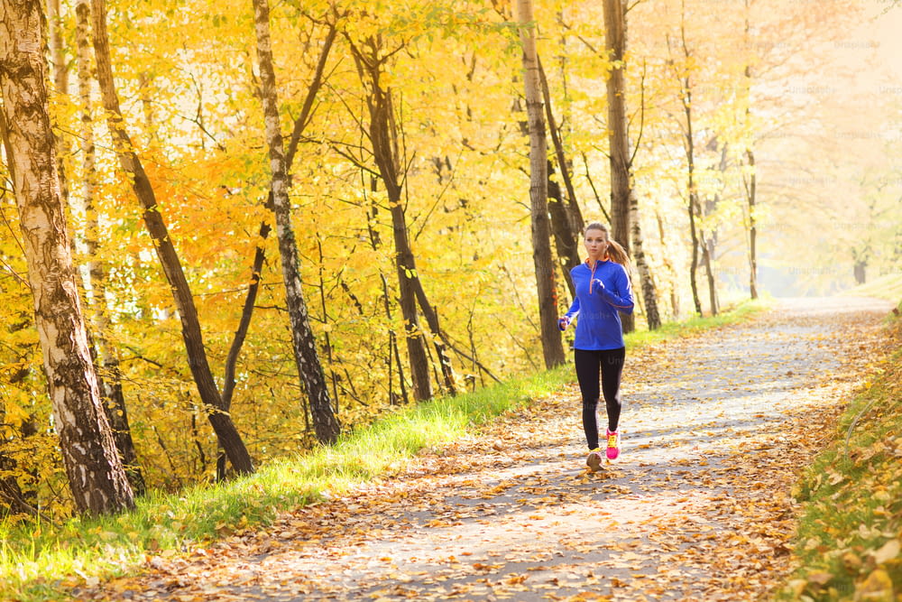 Active and sporty woman runner is exercising in colorful autumn nature