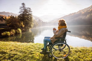 Femme âgée en fauteuil roulant dans une nature d’automne. Une femme prie au bord du lac au petit matin.
