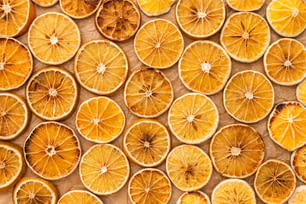 a bunch of oranges that are cut in half