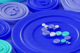 a group of blue and green plates with buttons on them