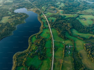 an aerial view of a golf course and a river