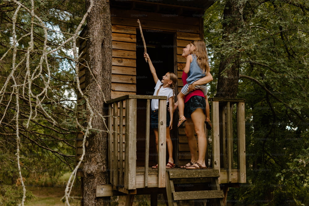 a woman and two children on a tree house