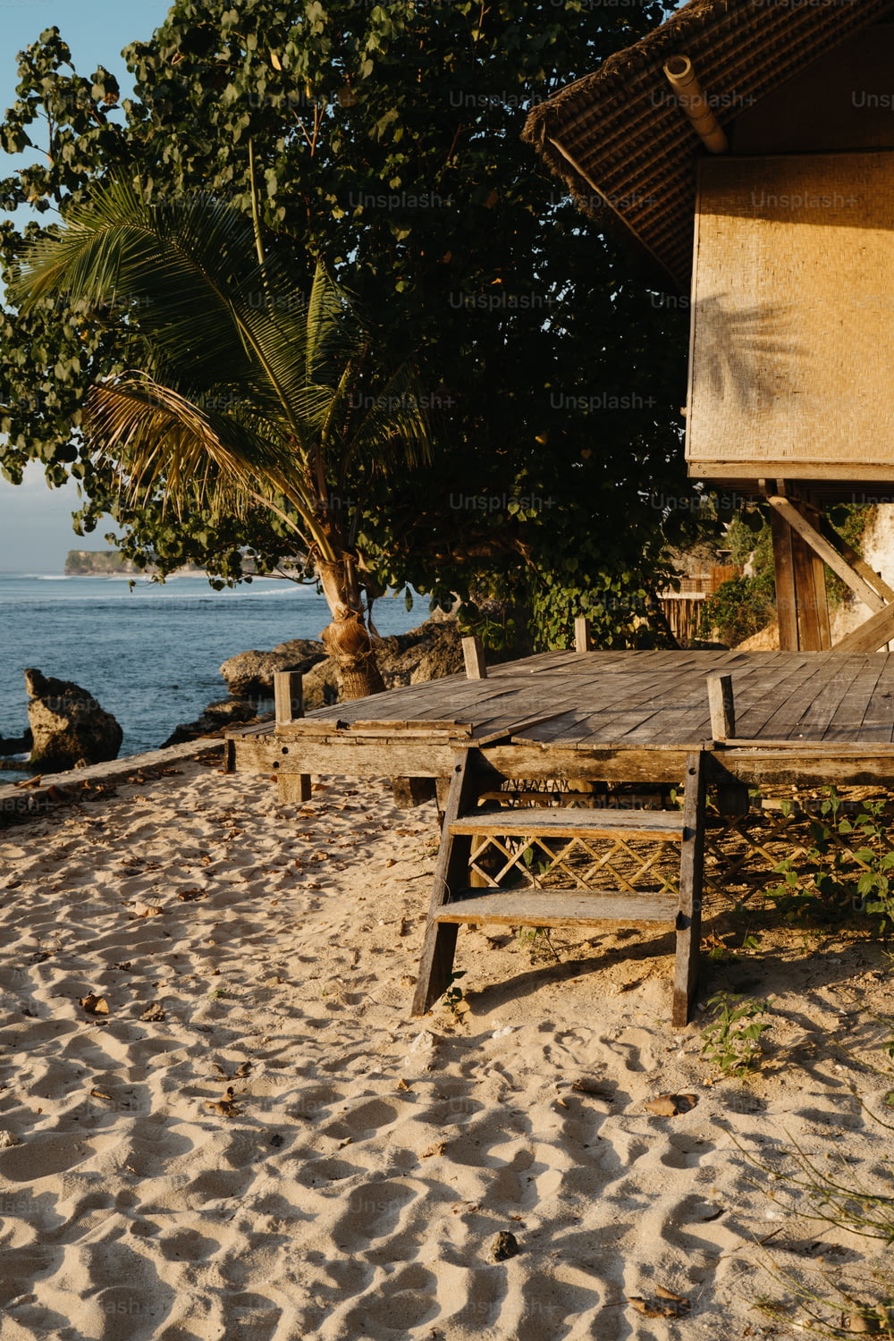 una panchina di legno seduta sulla cima di una spiaggia sabbiosa