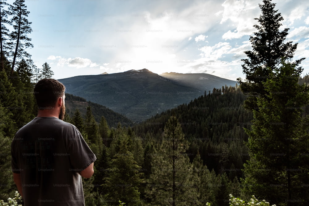Ein Mann, der vor einem Wald steht und auf einen Berg schaut