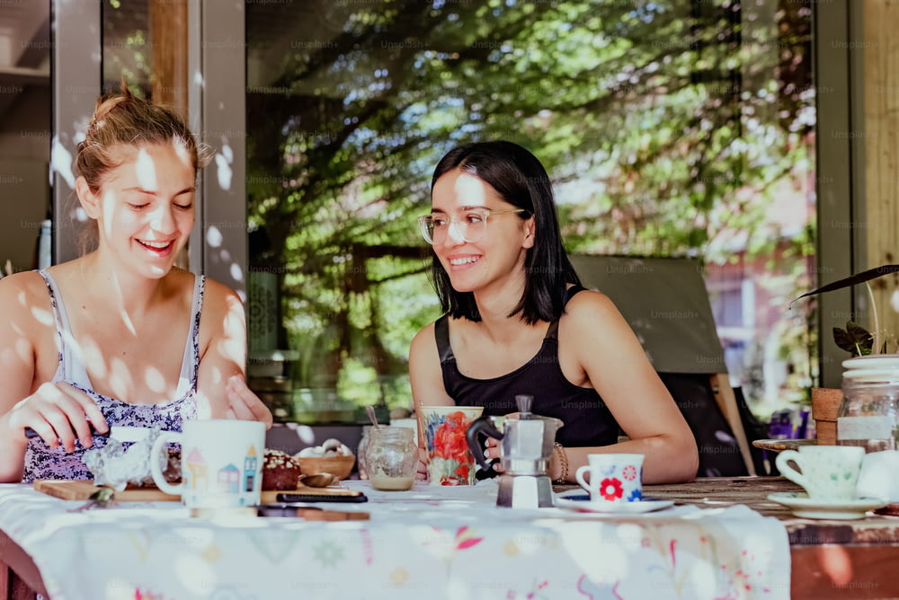 a couple of women sitting at a table with cups