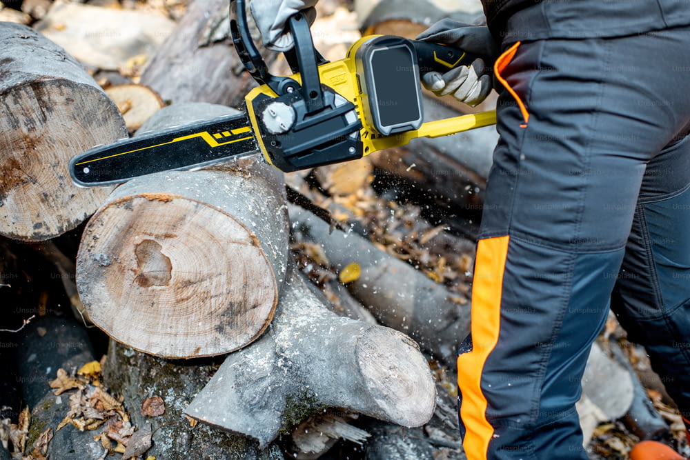 Professional lumberjack in protective workwear working with a chainsaw in the forest, sawing wooden logs, close-up view with no face