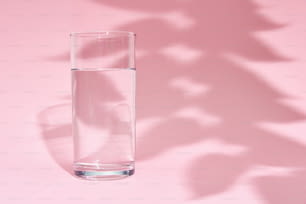 Vaso de agua y sombra de hojas sobre fondo rosa